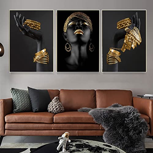 HEHGVCF Schwarz Gold Frau Leinwand Bilder Schwarze Frauen Leinwand Gemälde Kunstdruck Afrikanische Frau Leinwand Bilder Wohnzimmer Deko Bild Kein Rahmen (Frau,60x120cm) von HEHGVCF