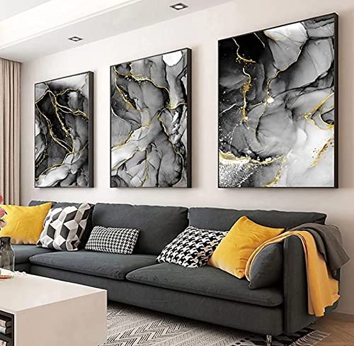HEHGVCF Wandbilder Schwarzes Grau Leinwand Bilder Abstrakte Geometrie Marmor 3er Set Kein Rahmen Home Deko Bilder Grau Gold Blau Rosa (A,30 x 45cm) von HEHGVCF