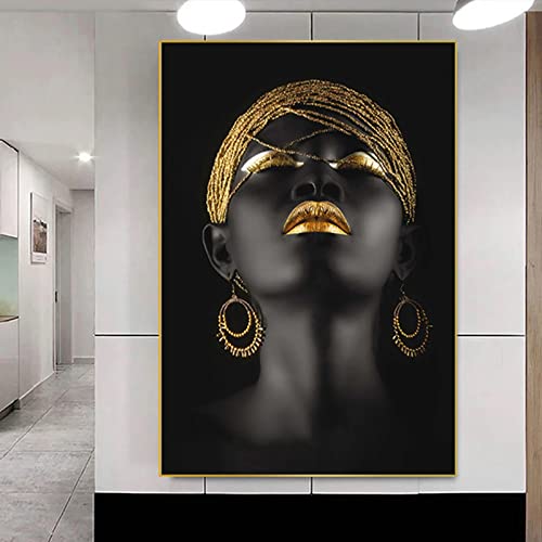 HEHGVCF Wandbilder Wohnzimmer Schwarz Goldene Frau Abstrakte Kunst Bilder Gold Afrikanische Frauen Leinwand Bilder Wandkunst Leinwand Bilder - Ohne Rahmen (Frau A,40x80cm) von HEHGVCF