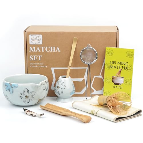 HEI MING Matcha Set hat 8 Stücke, Ceremonial Matcha Tee Set, Graue Keramik Matcha Schale und Bambus Besen von HEI MING