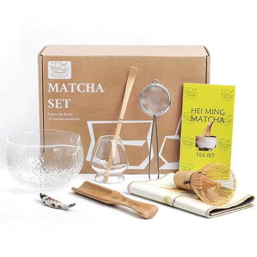 HEI MING Matcha Set hat 8 Teile, Zeremonielles Matcha Tee Set, Glas Matcha Schale und handgemachter Matcha Schneebesen von HEI MING
