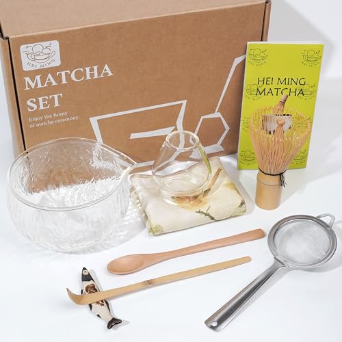 HEI MING Matcha-Set und Schale (8-teilig), Glas Matcha Tee Set und Handgemachter Bambus Schneebesen (Chasen) für Teeliebhaber von HEI MING