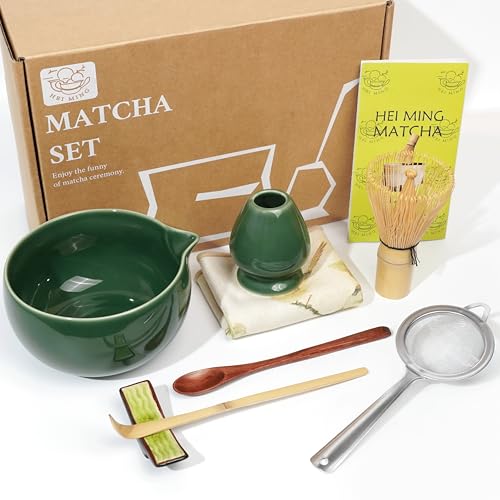 HEI MING Matcha Set und Schale (8-teilig), Grün Matcha Tee Set und Handgemachter Bambus Schneebesen (Chasen) für Teeliebhaber von HEI MING
