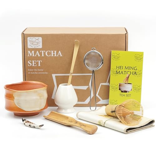 HEI MING Retro Matcha Set hat 8 Teile, Ceremonial Matcha Tee Set, Braune Keramische Matcha Schale und Handgemachter Bambus Matcha Besen von HEI MING