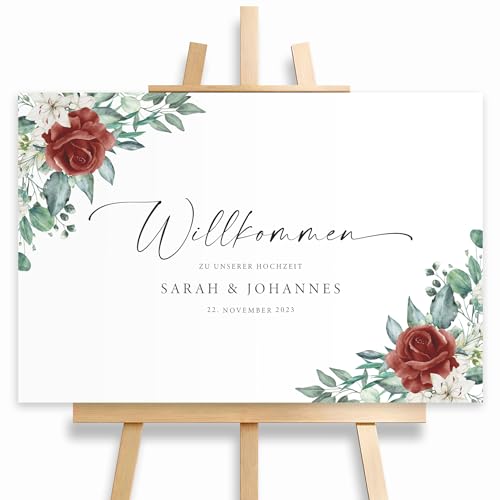 HEI Print Willkommensschild Hochzeit Eucalyptus mit Rosen, mit Datum und Namen, personalisierte Hochzeitsdeko, Willkommen Schild, rot, Leinwand, 60x40 von HEI Print