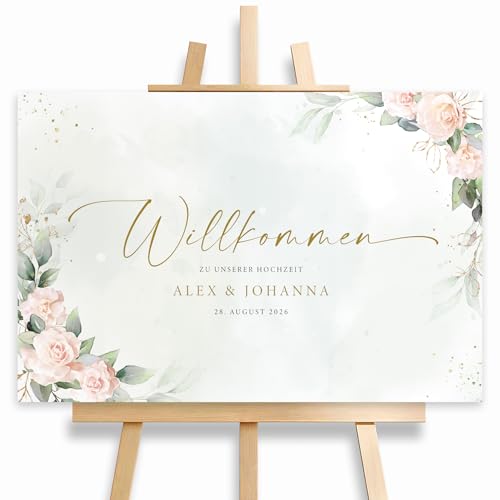 HEI Print Willkommensschild Hochzeit Eucalyptus mit Rosen, mit Datum und Namen, personalisierte Hochzeitsdeko, Willkommen Schild, rot, Leinwand, 60x40 von HEI Print