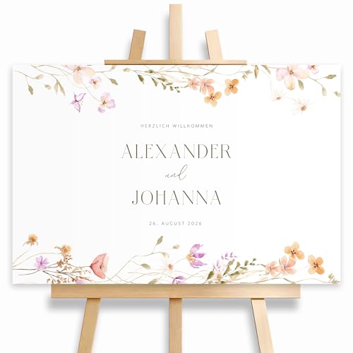 HEI Print Willkommensschild Hochzeit mit bunten Blumen, mit Datum und Namen, personalisierte Hochzeitsdeko, Willkommen Schild, Leinwand, Flower 60x40 von HEI Print
