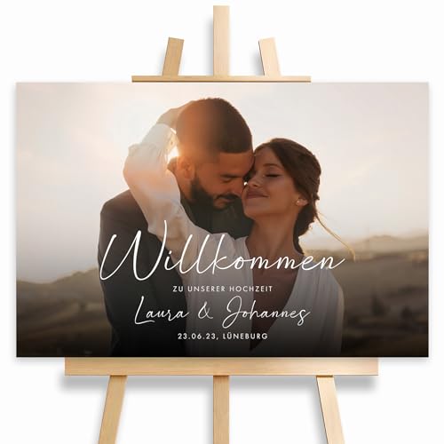 HEI Print Willkommensschild Hochzeit mit eignem Foto und Namen, personalisierte Hochzeitsdeko, Willkommen Schild im Querformat, mit Bild, 60x40 (Leinwand) von HEI Print