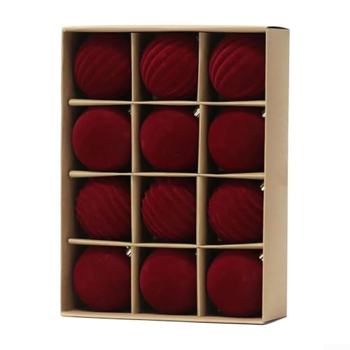 12-teiliges Weihnachtskugel-Set mit weicher Beflockung für selbstgemachte Urlaubsdekoration, perfekt zum Schichten für Weihnachtsbäume oder festliche Displays (8 cm weinrot) von HEIBTENY