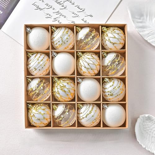 16-teiliges weißes und goldenes Glitzer-Weihnachtskugel-Ornament-Set mit stabiler Kunststoffkonstruktion für Weihnachtsbaum und saisonale Dekorationen (XM0016S – Weiß) von HEIBTENY