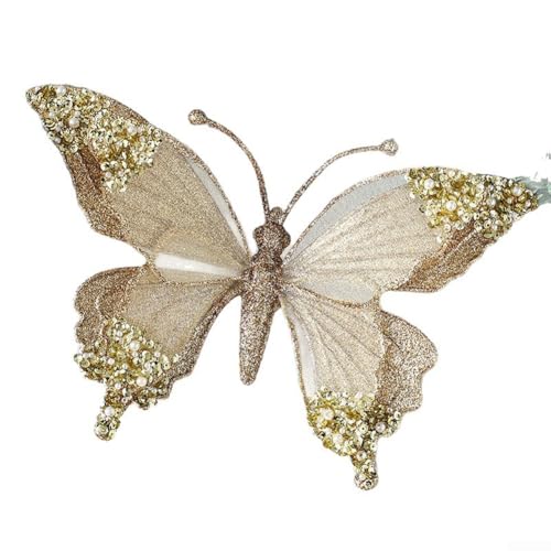 Großer Schmetterling Ornament mit funkelndem Glitzer und Strass für Weihnachten für Baum, leichter Kunststoffanhänger für Urlaubsdekoration (Golden) von HEIBTENY