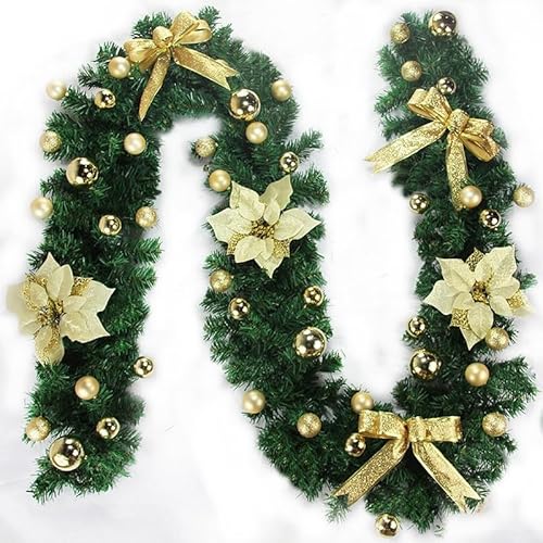 HEIBTENY 2,7M Tannengirlande Weihnachts Girlande Grün Weihnachtsgirlande Mit Weihnachtsblumen Und Schleife Mit Oder Ohne Beleuchtung Outdoor Indoor Weihnachten Deko(Gold) von HEIBTENY