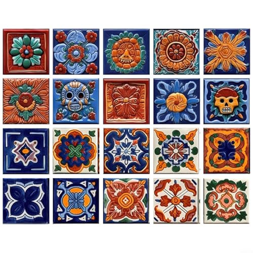 HEIBTENY 20 Stück Peel and Sticker Fliesenaufkleber Mexikanischer Stil Wandaufkleber für Küche Badezimmer Home Decor DIY wasserdichte selbstklebende Fliesen 10 x 10 cm von HEIBTENY