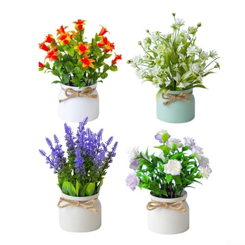 HEIBTENY 4 Stück künstliche Topfblumen, Mini-Pflanze, Set mit 4 dekorativen Tischaufsätzen, realistischer PE-Kunststoff, Pflanzenstrauß für Zuhause, Büro, Regal-Dekoration (B) von HEIBTENY