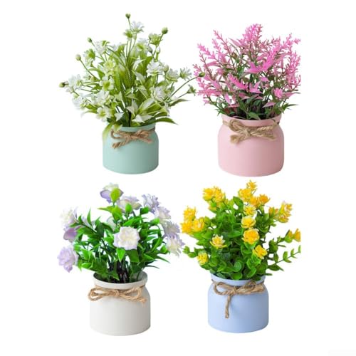 HEIBTENY 4 Stück künstliche Topfblumen Mini-Pflanzen Set mit 4 dekorativen Tischaufsatz für den Innenbereich, realistischer PE-Kunststoff, Pflanzenstrauß für Zuhause, Büro, Regal-Dekoration (C) von HEIBTENY