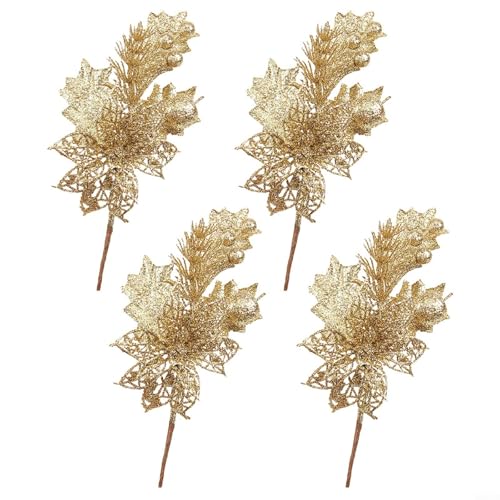 HEIBTENY 4 Stück künstliche Weihnachtsbaumzweige mit ausgehöhltem Obst-Design und Glitzer-Finish für Weihnachtsbaumkranz und Tafelaufsatz (Gold) von HEIBTENY