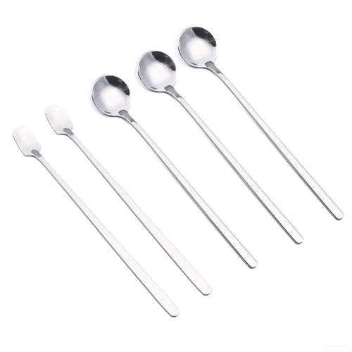 HEIBTENY 6 Stück Teelöffel Mit Langem Griff, Edelstahl, Zum Mischen Von Eis, Latte, Kaffee, Runder Löffel, Quadratischer Löffel(silver) von HEIBTENY