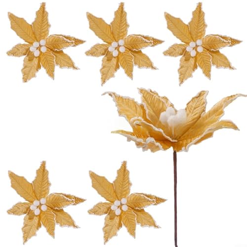 HEIBTENY 6 Stück Weihnachtsbaumschmuck Blumen DIY festliche Atmosphäre Urlaub Ornamente mit Einsatzstäben für Heimdekoration (gelb) von HEIBTENY