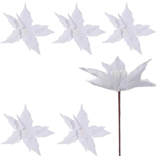 HEIBTENY 6 Stück Weihnachtsbaumschmuck Blumen DIY festliche Atmosphäre Urlaub Ornamente mit Einsatzstäben für Heimdekoration (weiß) von HEIBTENY