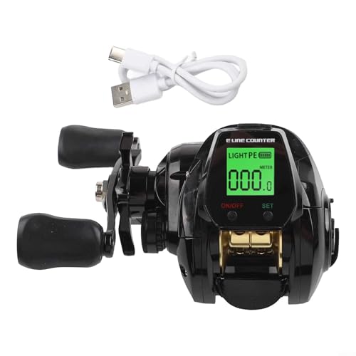 HEIBTENY Digitale Angelrolle mit 7 2 1 Übersetzung, Fischbissanzeiger, Tiefenpositionierung, 10 magnetische Bohnen-Bremssystem, wiederaufladbarer Akku, USB-Ladekabel (schwarz rechts) von HEIBTENY