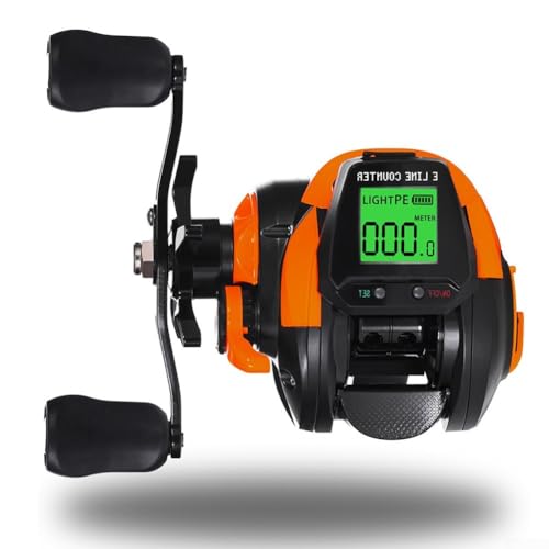 HEIBTENY Digitale Baitcast-Angelrolle mit 7,2:1 hoher Übersetzung, Bissanzeiger, Schnurzähler, Tiefenpositionierung, wiederaufladbarer Akku und Magnetbremse für langes Werfen (orange linke Hand) von HEIBTENY