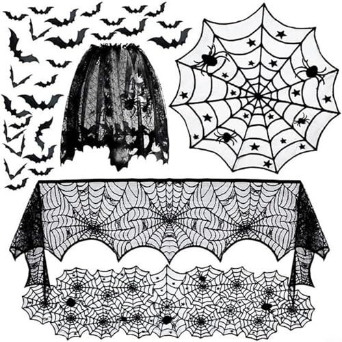 HEIBTENY Halloween Dekoration Set mit Spinnennetz Tischläufer, Spitze Runde Tischdecke, Kaminschal, Lampenschirmabdeckung und 36 3D Fledermaus Wandaufkleber für Indoor Party von HEIBTENY