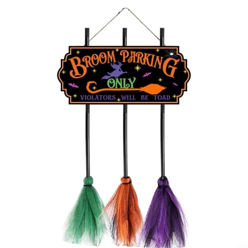 HEIBTENY Halloween Hexen Deko, Lustige Besen Parkschild Mit 3 Hexenbesen, Broom Parking Sign, Halloween Hexen Schild Für Outdoor Haustür Verandas Wand(MZ867) von HEIBTENY