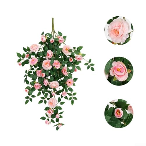 HEIBTENY Künstliche Hängepflanzen, 90 cm, Seidenrosen, für drinnen und draußen, realistische Blumengirlande für Hochzeit, Garten, Zuhause, Party-Dekoration (hellrosa) von HEIBTENY
