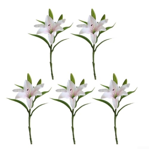 HEIBTENY Künstlicher Lilien-Blumenstrauß, realistische PU-Latex-Blumen, Hochzeit, Zuhause, Party, Dekoration, Tischdekoration, Arrangement, 38 cm, 5 Stück (rosa Herz) von HEIBTENY