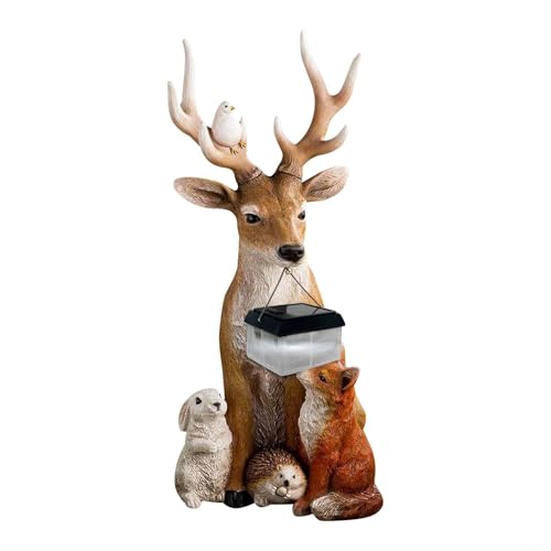 HEIBTENY Rehkitz Gartenstatue aus Kunstharz Solar Garten Figur Reh Igel Baum Statue Ornament Dekoration mit LED Beleuchtung 20x10x8cm von HEIBTENY