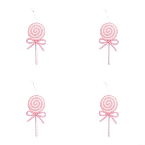 HEIBTENY Weihnachts-Lutscher-Ornament-Set mit rotem und rosa Süßigkeiten-Design und Schleife, Kunststoff-Hängedekoration für Weihnachtsbaum oder Urlaubsanzeige, 4 Stück Heimdekor-Zubehör (Rosa) von HEIBTENY