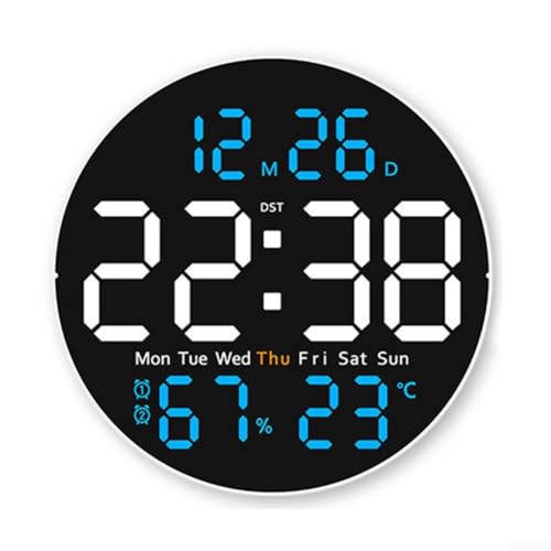 LED Wanduhr mit Temperaturanzeige, integriertem Kalender und Fernbedienung für Zuhause (Blau) von HEIBTENY