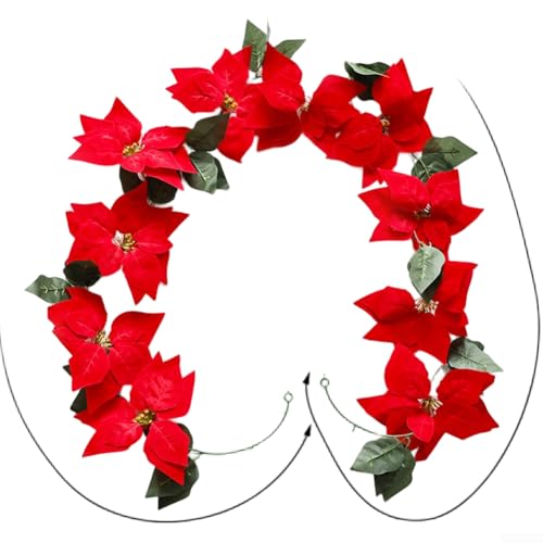Realistische künstliche Rankengirlande für Weihnachtsdekoration, mit grünen Blättern und roten Blumen auf einer Kunststoffrebe, geeignet für Türen, Wände und Pflanzenarrangements, 2 m von HEIBTENY