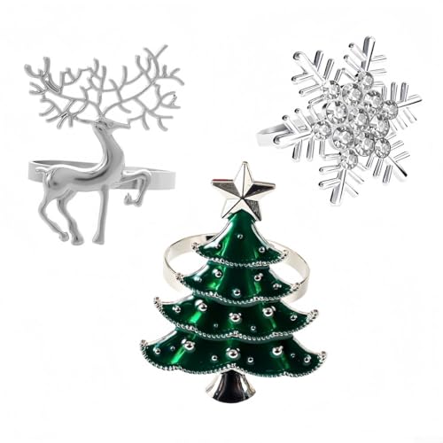 Serviettenringe aus Legierung mit Weihnachtsbaum-Dekoration, für Esstische während der Feiertage und saisonale festliche Veranstaltungen, 3 Stück von HEIBTENY