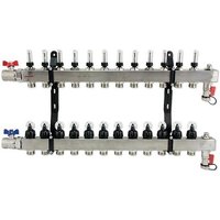 FBH-Verteiler 12-fach aus Edelstahl mit Topmeter, Entlüftung, Kugelhähnen und Spülvorrichtung von HEIMA-PRESS