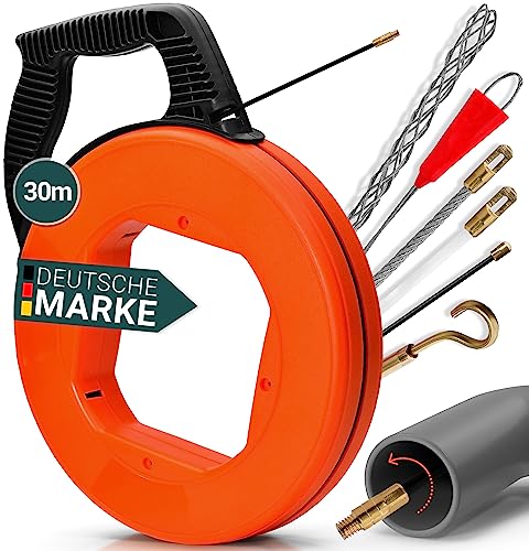 HEIMFELD® Kabeleinziehhilfe 30M - Hochwertige Einziehspirale inkl. 6 Adapter - Zugdraht für Leerrohre mit bruchsicherem Kabel [4mm] - Einziehfeder mit verbesserter Version [2024] - Einziehhilfe von HEIMFELD