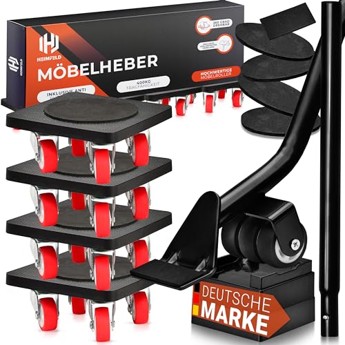 HEIMFELD® Möbelheber Set - Innovative Transporthilfe inkl. 4X Möbelroller, 1x Lastenheber & Höhenregler - Hochwertige Transportroller mit 360 Grad Rollen & 400KG Traglast - Optimaler Umzugshelfer von HEIMFELD
