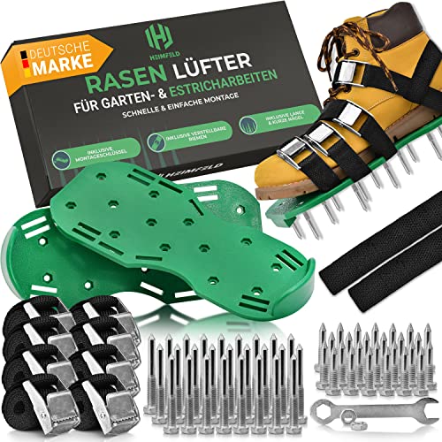 HEIMFELD® Nagelschuhe mit Riemen - Zum Rasen belüften oder als Estrichschuhe - Rasenlüfter Schuhe inkl. kurzen & Langen Nägeln - Hochwertiger Rasenbelüfter als optimaler Rasen Lüfter von HEIMFELD