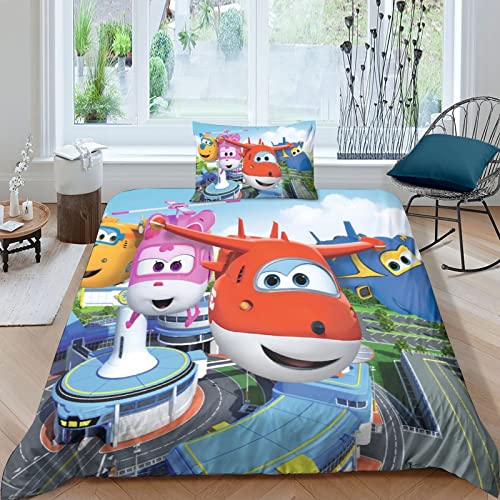 HEIMP Kinder Bettwäsche Super Wings Bettbezug Set, Moderne 3D Anime Bedruckte Kinder Jungen Kinderbett Bettbezug Set Microfaser Mit Kissenbezug Single（135x200cm） von HEIMP