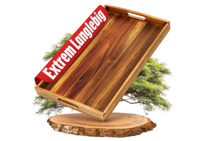 HEIMWERT Tablett Tablett Akazie Holztablett, Akazie, (1-tlg), besonders stabiles und leichtes Holztablett mit Griff von HEIMWERT