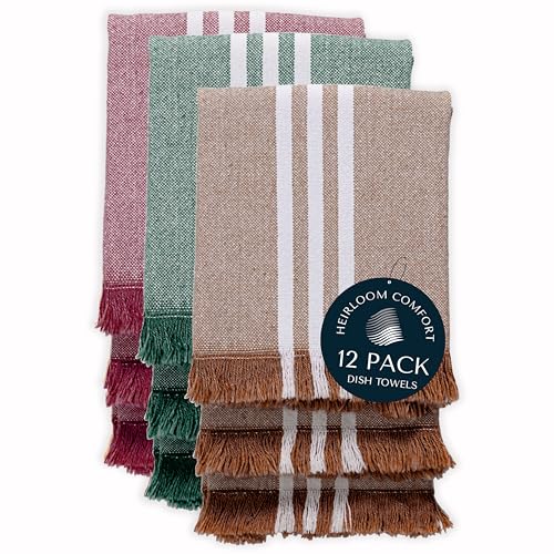 HEIRLOOM COMFORT 12 Stück einfarbige gestreifte Geschirrtücher mit Fransen, 40 x 66 cm, 100 % Baumwolle, ultra-saugfähig und wiederverwendbar, schnell trocknendes Handtuch zum Reinigen, Kochen, Braun von HEIRLOOM COMFORT