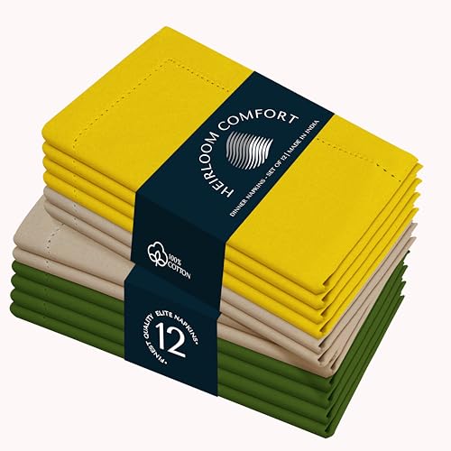 HEIRLOOM COMFORT Mehrfarbige Stoffservietten, 45 x 45 cm, 12 Stück, 100 % Baumwolle, waschbar, perfekte Hotelqualität, Serviette für Tisch, Abendessen, Hochzeiten, tägliches Essen – Zitronengelb von HEIRLOOM COMFORT