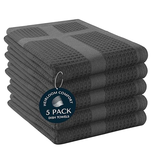 HEIRLOOM COMFORT Waffelgewebe Küchentücher mit Aufhängeschlaufe, 5 Stück, 100% Baumwolle, 40 x 66 cm, super saugfähig, schnell trocknendes Geschirrtuch-Set, weich zum Reinigen von Geschirr, Handtuch von HEIRLOOM COMFORT
