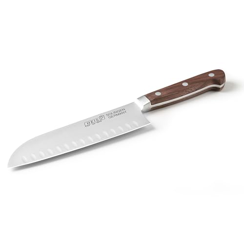 HEISO Santokumesser mit 18cm Klingenlänge, Geschmiedetes Allzweckmesser mit Kullenschliff und Griff aus Walnussholz, Made in Solingen - Germany von HEISO