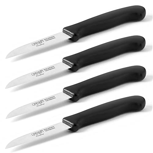 HEISO Schälmesser 4er Set - Scharfe Küchenmesser aus rostfreiem Stahl mit schwarzem Kunststoffgriff - Gemüsemesser Made in Solingen“ - mit kostenlosem Nachschleifservice von HEISO