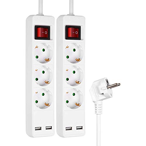 HEITECH 3 fach Steckdosenleiste mit 2 USB Ports - GS geprüfte Mehrfachsteckdose mit Schalter, 1,4 Meter Kabel, 3680W - 2er Pack Steckerleiste Mehrfachstecker Tischsteckdose von HEITECH Promotion GmbH