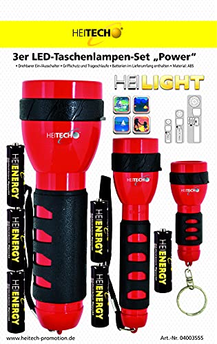 HEITECH 3er LED Taschenlampen-Set "Power", inkl. 6 Mignon-Batterien, rot von HEITECH Promotion GmbH