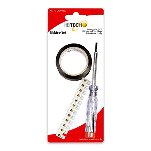 HEITECH Elektro Set mit Spannungsprüfer, Isolierband & Lüsterklemme - Phasenprüfer Schraubendreher 230V transparent - Lüsterklemme schraubbar 12-polig 2,5mm weiß - Isolierband 19 mm x 5 m schwarz von HEITECH Promotion GmbH