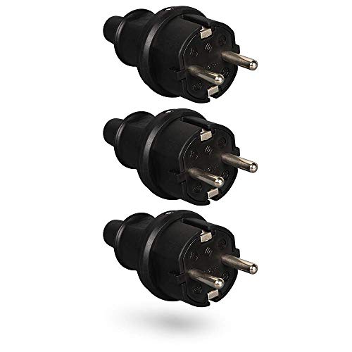 HEITECH Gummi Schutzkontakt Stecker mit Knickschutz - 3x Schutzkontaktstecker schwarz, 250V, 16A, IP20 für Innenbereich - Vollgummi Schuko Stecker von HEITECH Promotion GmbH