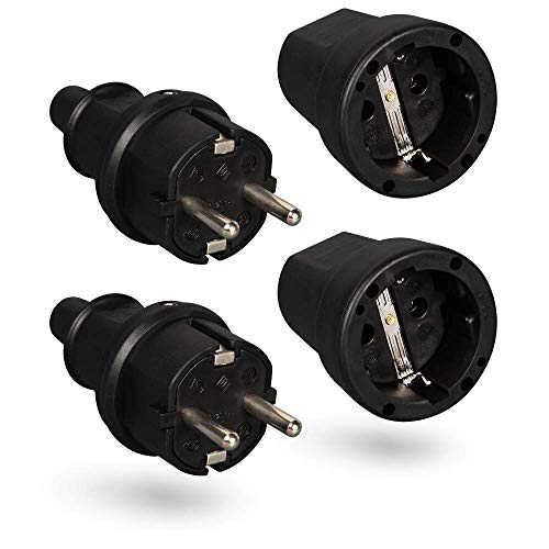 HEITECH Gummi Schutzkontakt Stecker & Kupplung - 2er Pack Schutzkontakt Set mit Knickschutz, schwarz, 250V, 16A, IP20 für Innenbereich - Vollgummi Schuko Stecker & Kupplung von HEITECH Promotion GmbH